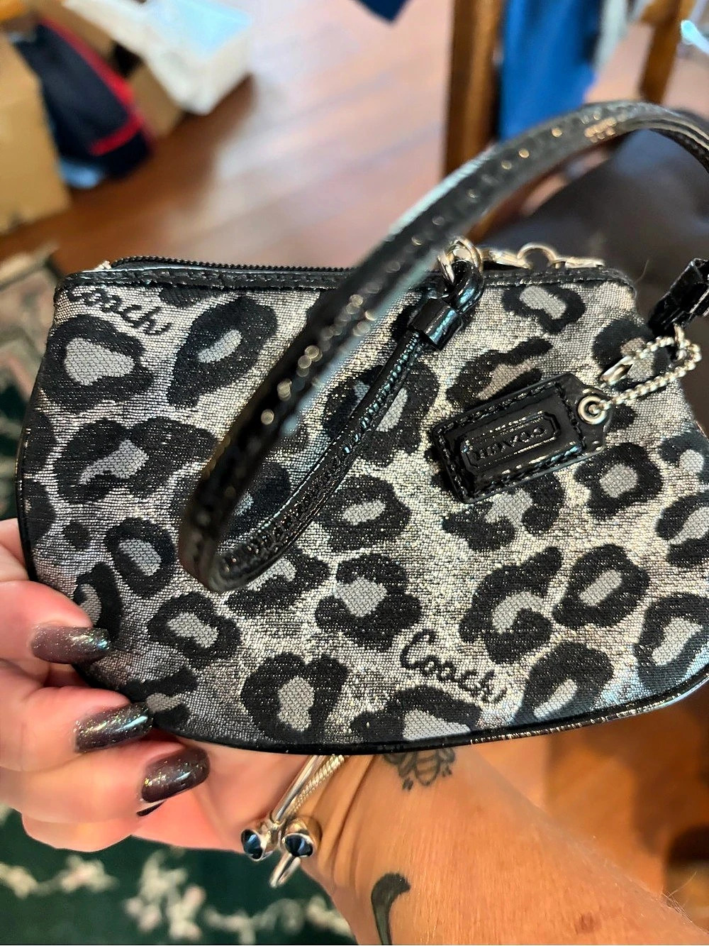 Coach Madison Metallic Ocelot Leopard Print Wristlet Black & Gray